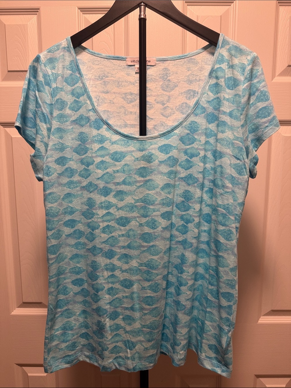Liz Claiborne Aqua Blue Patterned Scoop Neck Tee